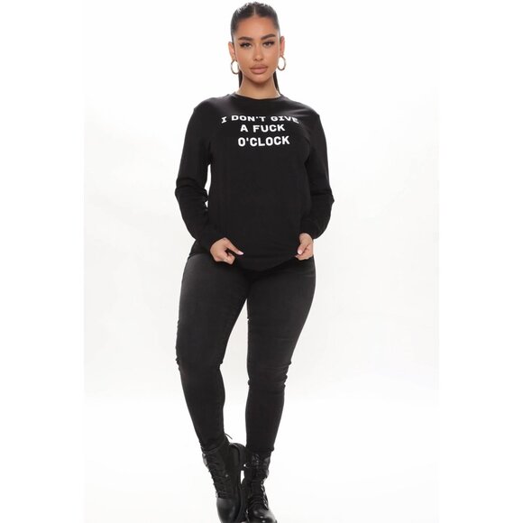 Fashion Nova ✦ IDGAF O’Clock Long Sleeve Top ✦ Black White Graphic Crew Neck - Picture 3 of 4